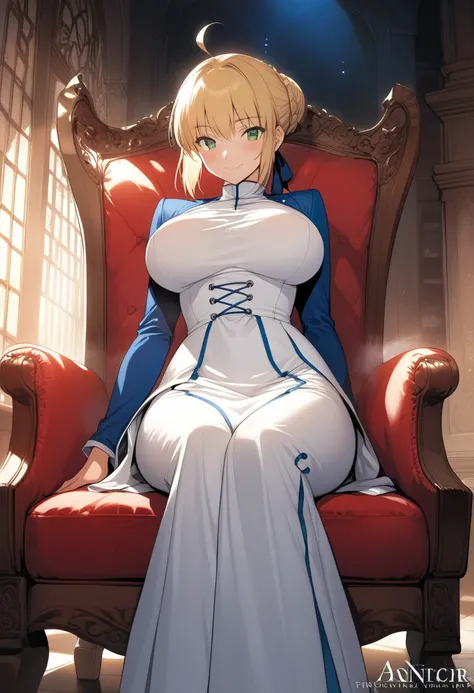 best quality, amazing quality, very aesthetic, 1girl, saber, fate/stay night, 1girl, saber, fate/stay night, , (artist official art:1.5), french braid bun hair, ahoge_hair, green eyes, steaming body, large breasts, jitome, cinematic light, official_blue_lo...