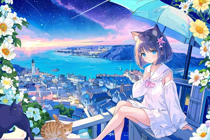 high quality、Detailed background、in 8K、Seaside town、One beautiful girl、Cute Hairstyles、Overlooking the cityscape、Midnight,detailed、pastel colour、shooting star、ripple，((Cat))、