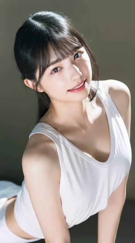 innocent 20 year old girl、((white tank top, dramatic poses)),smile,short-cut,natural park、raw photo, (8k、top-quality、​masterpiec...