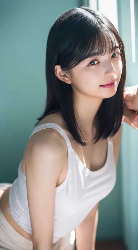 Innocent 20 year old girl、((White tank top, Dramatic poses)),Smile,short-cut,Natural park、Raw photo, (8K、top-quality、​masterpiece:1.2)、(intricate detailes:1.4)、(Photorealsitic:1.4)、octane renderings、Complex 3D rendering ultra detail, Studio Soft Light, Rim...