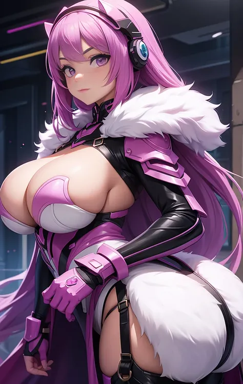 girl, With big breasts, with futuristic pink armor, violet eyes, lavender fur.