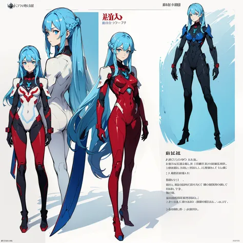 (((full body photo))), red blue and white color, femboy wearing a lightly armoured body suit, sci-fi themes, chest armour, gundam, best quality, arte oficial, Sketch line diagram, eye blue, front view, back view, and side view of character, long hair