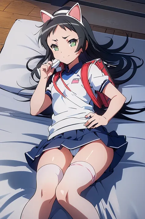 masterpiece, ultra quality, ultra sharp, ultra detailed, 1girl, solo, (((good anatomy))), haduki kurumi, (tattered torn dripping wet white gym shirt), navy gym pants, animal ears, randoseru, name tag, Japanese anime pose, laugh, BurumaShorts, Buruma, Gym U...