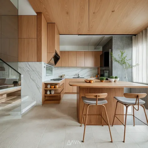 RAW photo, 8k uhd, dslr, soft lighting, high quality, film grain, Fujifilm XT3, interior of kitchen, modern style, wood, tile, sofa, table, chair, stair, tree, daylight, 