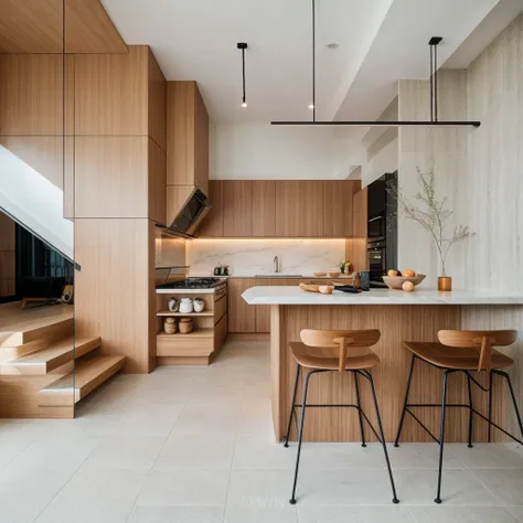 RAW photo, 8k uhd, dslr, soft lighting, high quality, film grain, Fujifilm XT3, interior of kitchen, modern style, wood, tile, sofa, table, chair, stair, tree, daylight, 