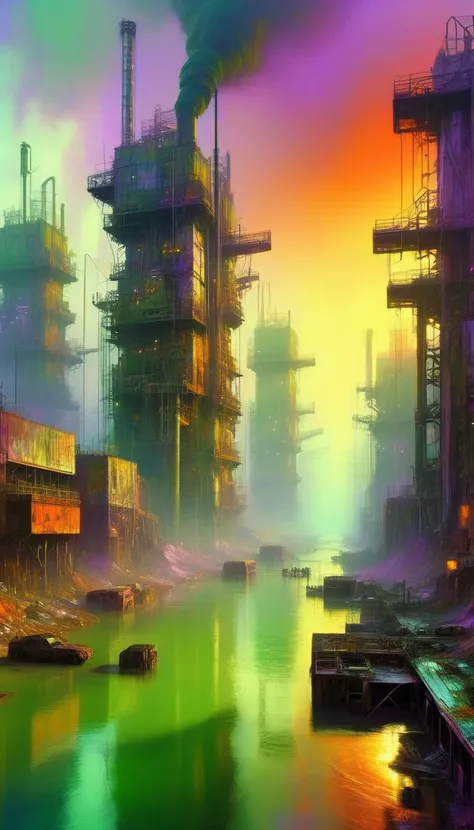 a polluted futuristic industrial landscape, large robotic structures, dilapidated buildings, toxic green rivers, hazy purple and orange sky, grim atmosphere, oil painting, art inspired by Bill Sienkiewicz, hyper-detailed, photorealistic, 8k, (best quality,...