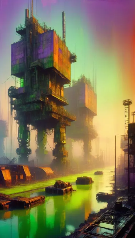 a polluted futuristic industrial landscape, large robotic structures, dilapidated buildings, toxic green rivers, hazy purple and orange sky, grim atmosphere, oil painting, art inspired by Bill Sienkiewicz, hyper-detailed, photorealistic, 8k, (best quality,...