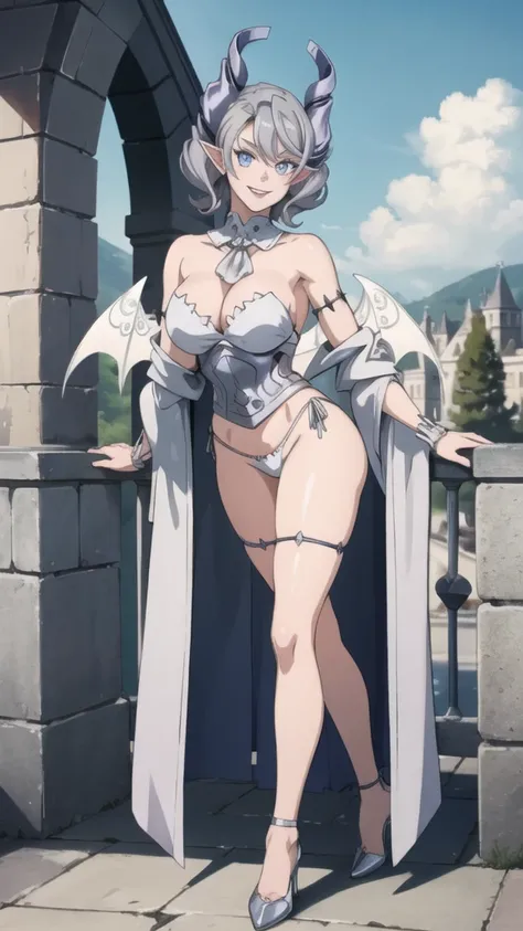  Outside castle top  High level image quality　best image quality　8K　 adult woman   silver castle outside  more colors   whole body view　portrait　 bikini   　horn    ears  　short hair（（shortcut）（gray hair）（perm）（fluffy））　eye color is blue ,  , 　attractive ev...