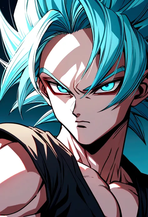 Saiyan, Male, aquamarine hair, heterocromatic red and black eyes