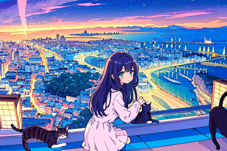 high quality、Detailed background、in 8K、Seaside town、One beautiful girl、Cute Hairstyles、Overlooking the cityscape、Midnight,detailed、pastel colour、shooting star、ripple，((Cat))、