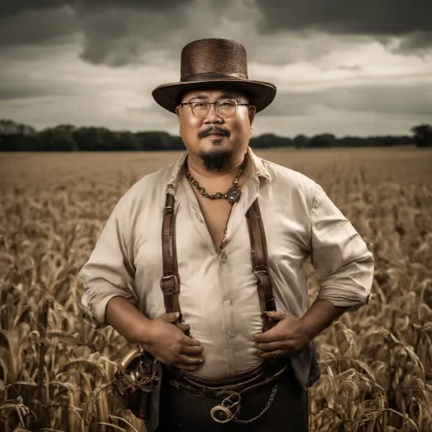 Chubby, Asian man, fat, 50 year old, Wear eyeglasses, wear a straw hat, Nude, Naked, Shirtless,Take off shirt, farmer, rain, wet from the rain, in the field