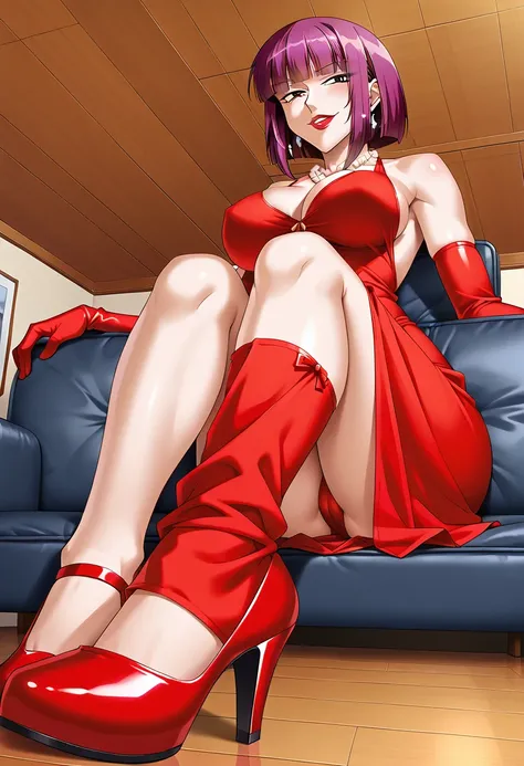  score_9,score_8_up,score_7_up, source_anime, BREAK 1girl, Oboro, sitting on the floor and showing her feet, (pov from below:1.3), micro POV, stepping on viewer, foot focus, red high heels, both detailed feet, five toes, smooth natural toenails, smirk, pur...