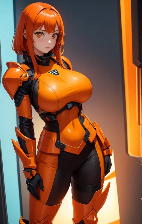 girl, With big breasts, with futuristic orange armor, orange eyes, Orange hair.