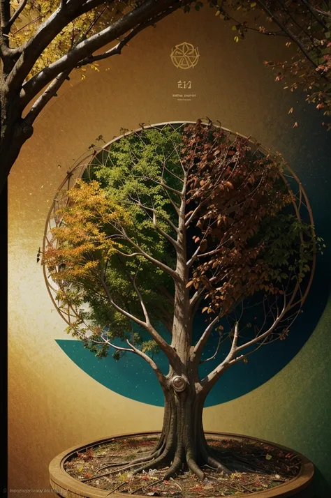 circular tree,four seasons,spring,summer,autumn,winter,leaves,roots,branches,trunk,ornate border,decorative,digital illustration,artwork,movement,time,swirling background,dark background,vibrant colors,natural,life cycle,growth,change,nature,life,peace,har...