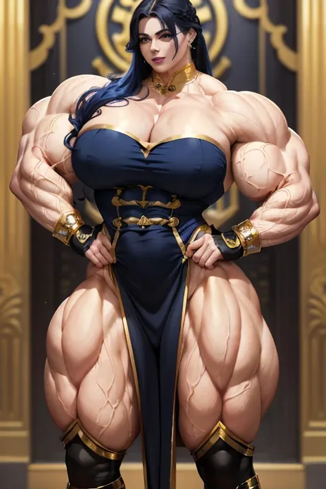 ((Massive, beautiful, buff, pale white skinned, muscular woman with royal blue hair, black lipstick, ginormous bulky muscles and wearing an all gold beautiful long cheongsam dress)), (close view), massive muscles, massive biceps, hyper muscle triceps, (lon...