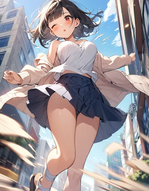 1girl,solo,blunt-bangs,19 years old,short-hair,large_breasts,black-hair,red-eyes, white_cardigan over light-pink_camisole,light-blue_flared-skirt,white_ankle strap sandals, comb her hair,wind, motion-blur,street,building,skirt blowing up by wind,surprise,b...