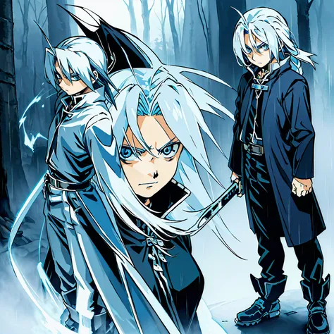 blue eyes, white hair, demon hunter uniform; similar to a black gakuran with a blue ribbon on his waist and multiple magatama ac...