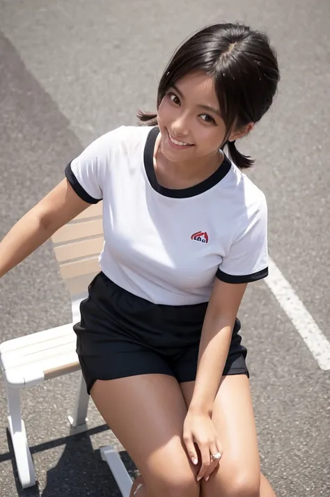 ,(tanned skin:1.3), japanese female,mascular thighs,sport jersey short pants,white t-shirt,curvy,at park,sandals,natural black hair,standing,smile,,(from above,thighs focus),sitting on chair,