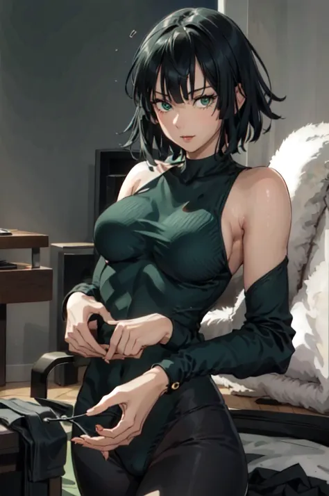 fubuki, fubuki, dark green hair, green eyes, short hair, (large breasts:1.2), good, panties, black good, black panties, portrait...