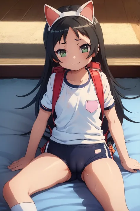 masterpiece, ultra quality, ultra sharp, ultra detailed, 1girl, solo, (((good anatomy))), haduki kurumi, (tattered torn dripping wet white gym shirt), navy gym pants, animal ears, randoseru, name tag, Japanese anime pose, laugh, BurumaShorts, Buruma, Gym U...