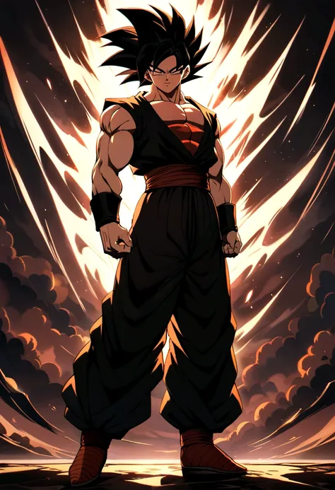 Saiyan, Male, Black hair, heterocromatic red and black eyes, full body image