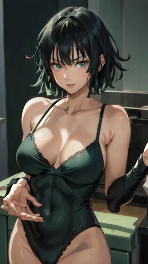 fubuki, fubuki, Dark green hair, Green Eyes, short hair, (Large Breasts:1.2), good, panties, black good, black panties, Portrait Shot, Upper Body Shot, Face Focus, Close-up shot, only Upper Body Shot, break indoors, office, break looking at viewer, break (...