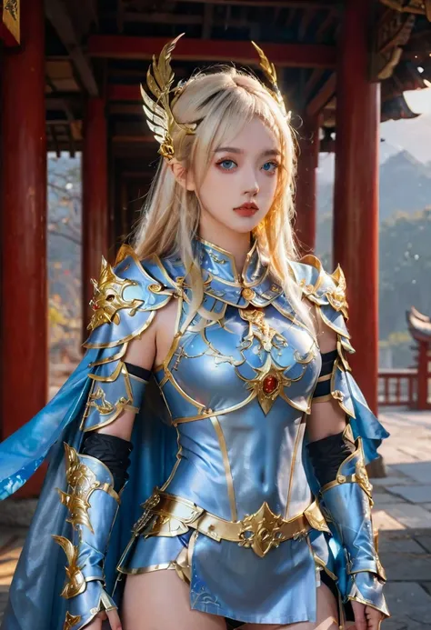 a celestial princess,wearing  red and gold mythical armor, iridescent, vibrant, octane render, icy blue eyes, blonde hair, intricate mythical steel thigh armor, intricate mythical steel tigh latex armor, cape, intricate mythical wing-like pagoda headpiece,...