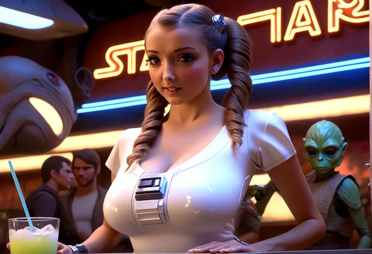 A cute woman in a sci-fi waitress outfit, deep neckline, mini skirt, working at a Star Wars cantina, serving drinks to wild and rowdy aliens, photorealistic, masterpiece, 8k, highly detailed, cinematic lighting, vibrant colors, dynamic composition, dramati...