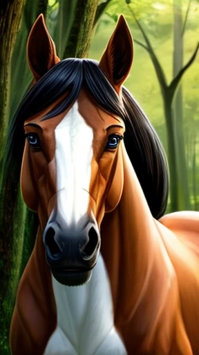 image of a forest, a mare, a very beautiful and perfect female horse, your big ass 2.5,Front view , She is looking at the viewer, look smiling, Very sexy 