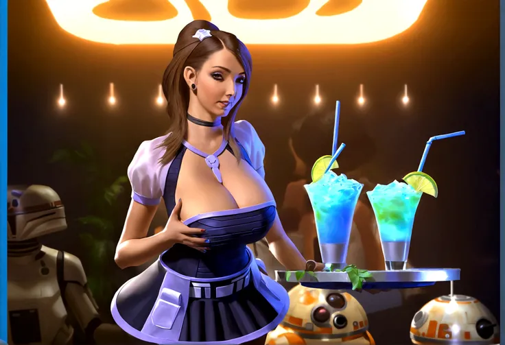 A cute woman in a sci-fi waitress outfit, deep neckline, mini skirt, working at a Star Wars cantina, serving drinks to wild and rowdy aliens, photorealistic, masterpiece, 8k, highly detailed, cinematic lighting, vibrant colors, dynamic composition, dramati...