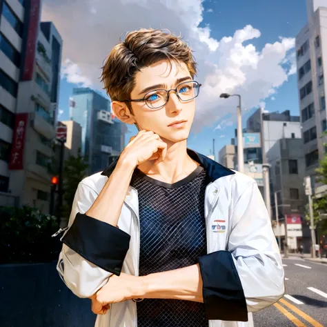 Around fifty、Anime character wearing glasses and a jacket in the city, Realistic Anime 3D Style, Young Anime Guy, Anime Style3D, Live2D Virtual Youtuber Model, Anime Styleに, Anime Styleキャラクター, Created by Anime Painter Studio, Anime Styleのポートレート, Tall anime...