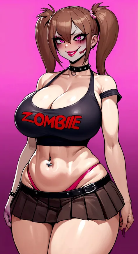 big lips, Brown hair, pink eyes, japanese face, improve, improve grin, two sides up, huge breasts, Wide hips, sexy, detailed, pink room, Hits, (evil smile1.4), kawaii, pleated skirt, punk, GOOD, zombie costume, zombie shirt, zombie choker, zombie skirt, de...