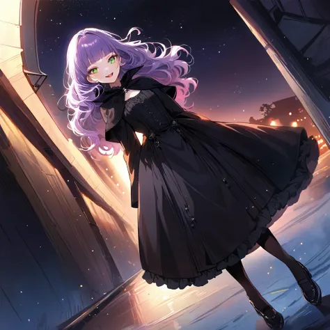 a masterpiece, beautiful eyes, a beautiful face, beautiful depiction, details, solid blue Skyscrapers background, ultra detailed, 8K, 1950s girl, pale-purple hair, a dynamic angle, wavy hair blowing in the wind, blunt bangs hair, black and green eyes,small...