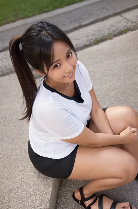 ,(tanned skin:1.3), japanese female,mascular thighs,sport jersey short pants,white t-shirt,curvy,at park,sandals,natural black hair,standing,smile,,(from above,thighs focus),sitting on  floor