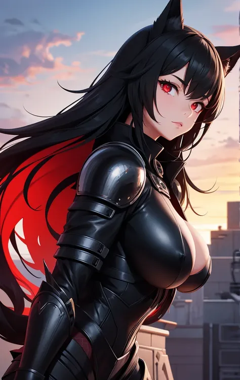 girl, With big breasts, with futuristic black armor, red eyes, black fur, no animal ears.