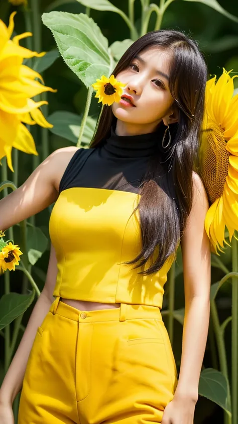 ((sunflower)),yellow background,(detailed face),((crotch)),normal breasts,pretty,sleeveless and turtle neck gray clothes,4k ,super high resolution ,(photo-realistic: 1.7),black long hair,