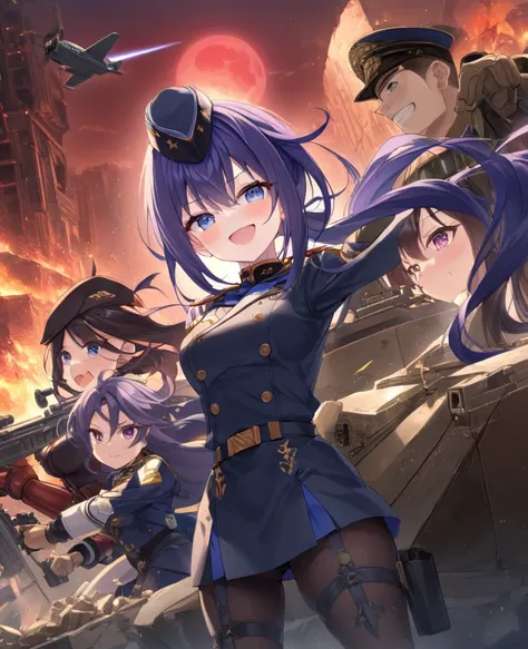 Facing forward　girl　Military uniforms with a white base and some black　Spectacular Background　A shooting star is falling　Beautiful night view　　　She is on the right　On the left you can see the destroyed city.　He has a gun　　　服にはplaneが描かれています　背景の上部にはFighterが飛...