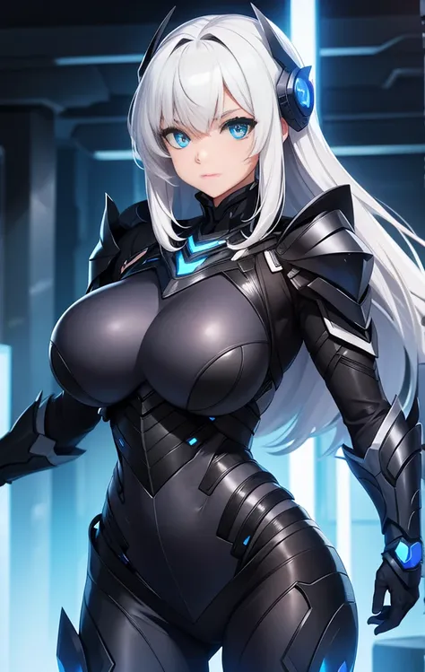 girl, With big breasts, with futuristic black armor, blue eyes, by white.