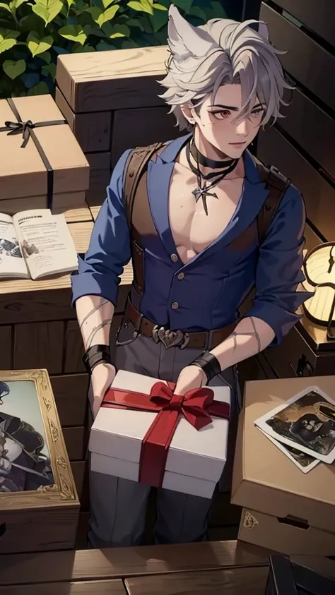 a picture of a man in a box with a bow, toy package, loot box, art of silverfox, holding gift, gifts, treasure chests, box, freud lucian, birthday wrapped presents, game case, boris valejo. octopath traveler, furraffinity, big bad wolf, furry fantasy art, ...