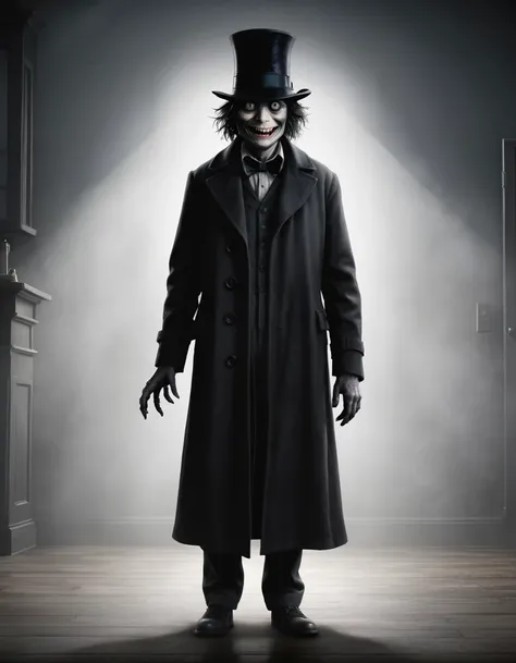 The Babadook most generally appears as a towering, shadowy bogeyman wearing a black coat and hat, with long, claw-like hands and a pale frightening face, anatomically correct, super detail, high quality, 4K