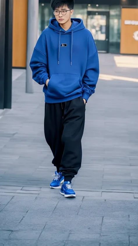 21 year old Beijing boy, he is ((oversized xxxl blue plain hoodie)), wearing black Trousers, wearing sneakers, wearing glasses, fully body, (he is 한국 머리카락입니다) Korean style, walking, buzz Hairstyle,foot