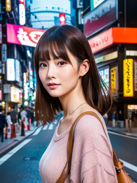 Create a hyper realistic and hyper detailed image of a sexy Japan woman with beauty face standing on Tokyo city road 