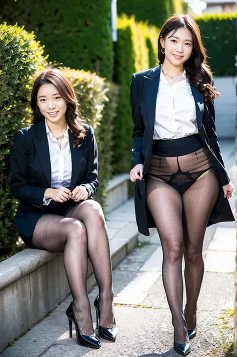 Pure Japanese office girl, no makeup, thick eyebrows, wearing formal suits and blouses and skirts, high heels, natural hair styles, pure smile, outstanding body, beautiful legs, shiny white skin, refreshing in early summer morning sunlight, sitting, spread...