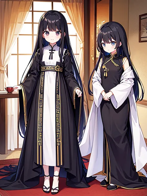 Full-body portrait、Are standing、Adult women、Black Hair、Untidy hair、Messy hair、Thick Hair、Very long hair、Long Hair、A revealing black Chinese curtain dress