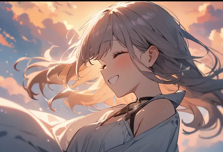 masterpiece, Highest quality, Movie stills, 1 Girl, Cloud Girl, Floating in the sky, close, bright, Happy, Warm and soft lighting, sunset, (spark:0.7)