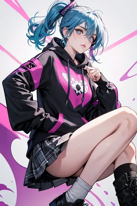 Midnight  has scruffy and layered queen blue hair as well as queen blue eyebrows, cerulean frost eyes, and a hint of peach color on her lips. Her right eye is covered by a crack heart-shaped eyepatch.

sHe wears a white shirt with a magenta and grey tartan...