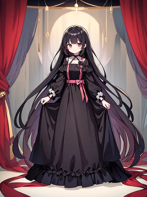 Full-body portrait、Are standing、Adult women、Black Hair、Untidy hair、Messy hair、Thick Hair、Very long hair、Long Hair、A thin, revealing black curtain dress