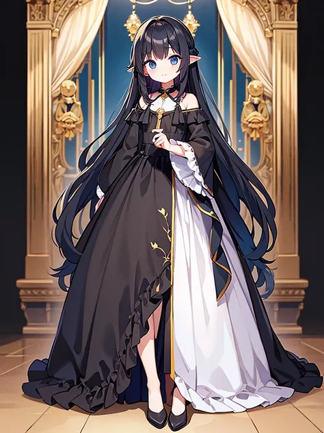 Full-body portrait、Are standing、Adult women、Black Hair、Untidy hair、Messy hair、Thick Hair、Very long hair、Long Hair、A thin, revealing black curtain dress