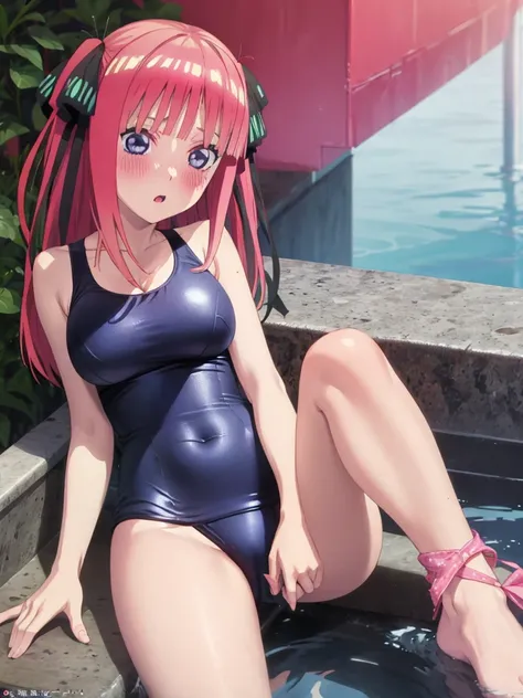 best quality, insanely detailed, nino nakano, breasts, one-piece swimsuit, blush,