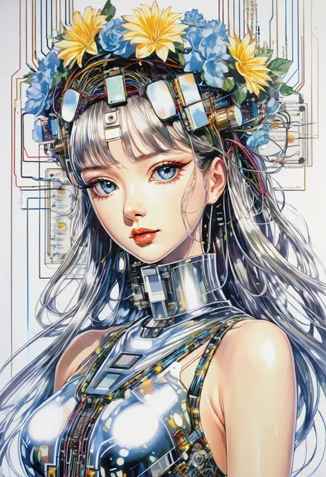 Portrait of beautiful lady with flower crown and electronic circuit dress , all with the style of Hajime Sorayama.